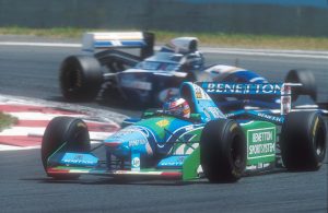 Michael Schumacher in the legendary B194 leads Damon Hill's Williams FW16 at the 1994 French Grand Prix (Image Credit: @LegendarysF1 on Twitter)