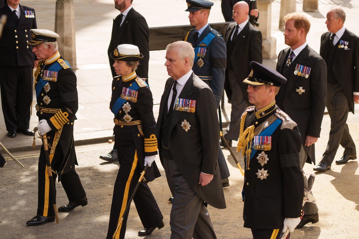 Prince Andrew with his siblings marching behind The Queen's funeral cortege last September (Getty)