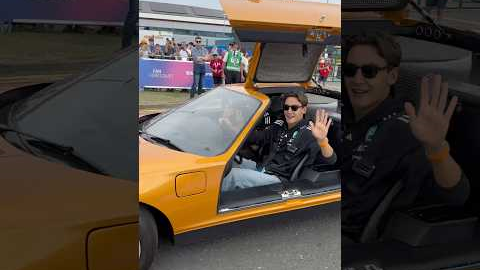 George Russell arrives to Silverstone in the Legendary Mercedes-Benz C111