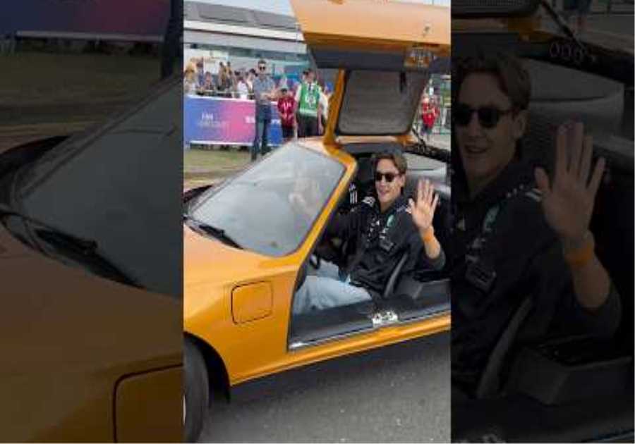 George Russell arrives to Silverstone in the Legendary Mercedes-Benz C111