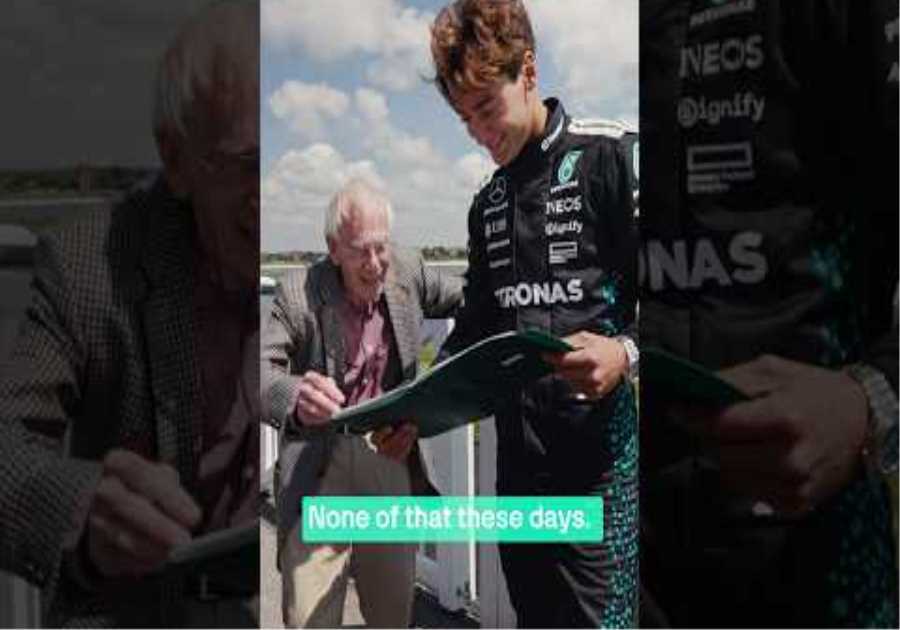 George Russell meets a time keeper from the 1955 British GP 🥹❤️ #f1 #formula1 #mercedesf1