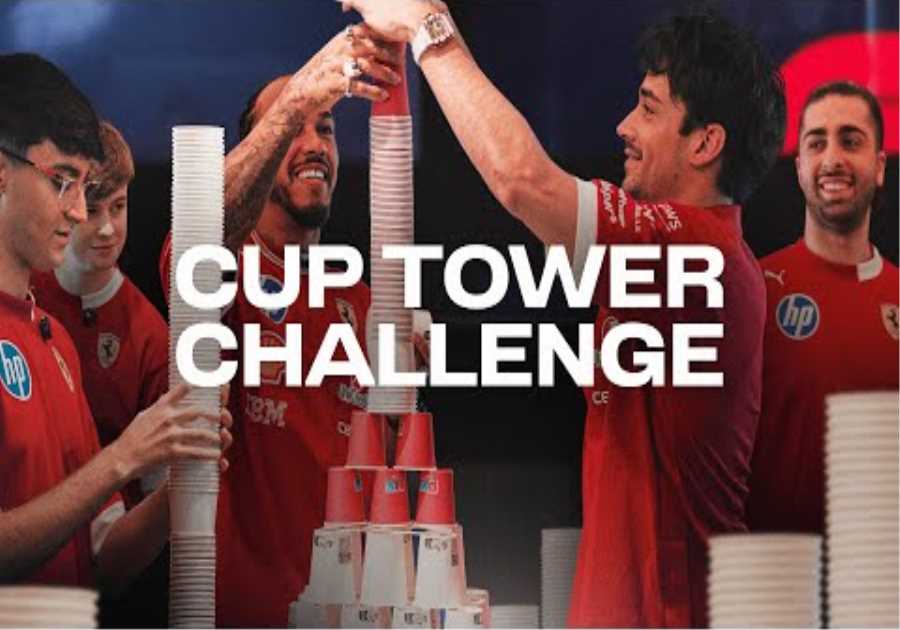“You can’t put cups in cups!” | Scuderia Ferrari vs Ferrari Esports in Cup Tower Challenge!