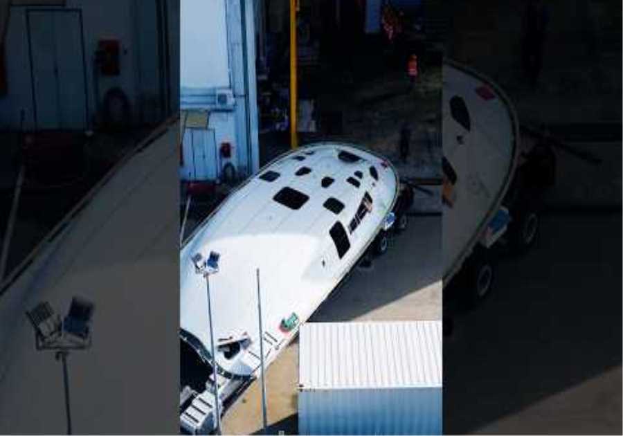 At the Ferrari Hypersail shipyard, the coachroof is ready to join the rest of the boat.