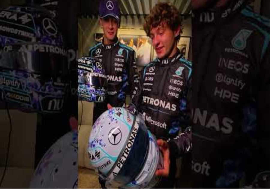 First look at our Singapore GP lids for the weekend 💜😮‍💨 #mercedesf1 #georgerussell #kimiantonelli